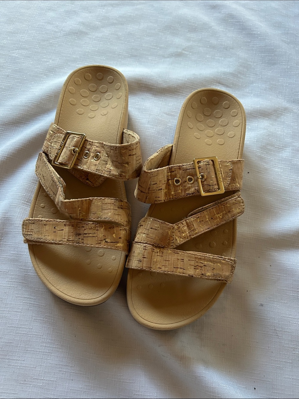 Vionic Cork-Pattern Triple-Strap Slide Sandals in Tan